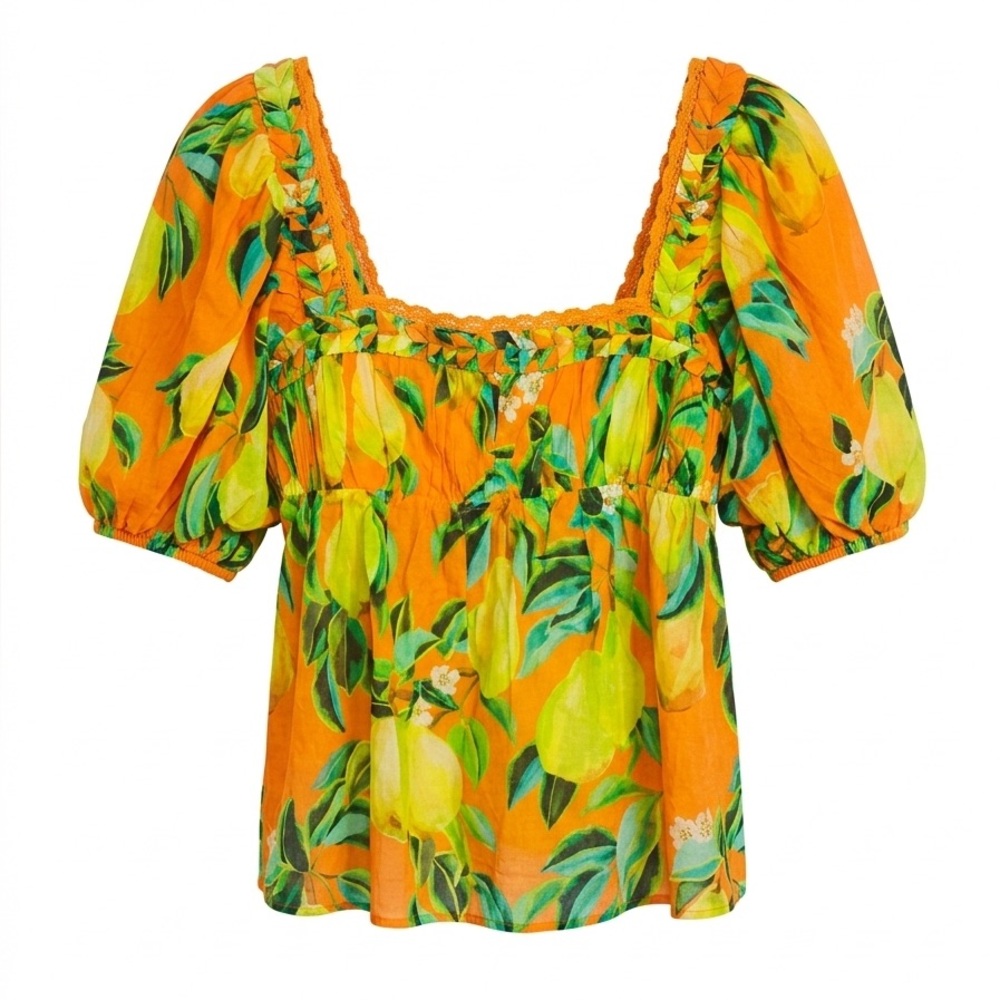 Farm Rio Citrus Harvest Puff Sleeve Blouse